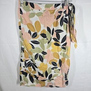 Rachel Zoe‎ Womens Wrap Skirt Size Large  Linen Floral Midi Boho Natural Fiber